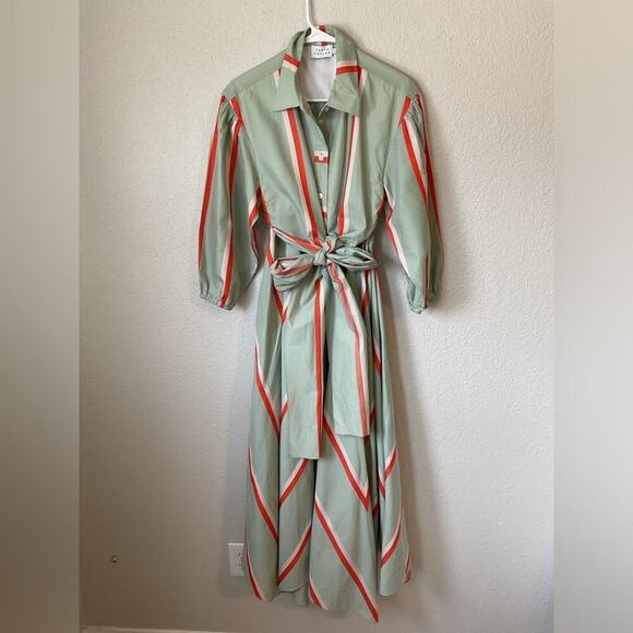 Tanya Taylor Azaria Striped Button-Front Midi Shirt Dress Size 4 Green Orange - Picture 2 of 9